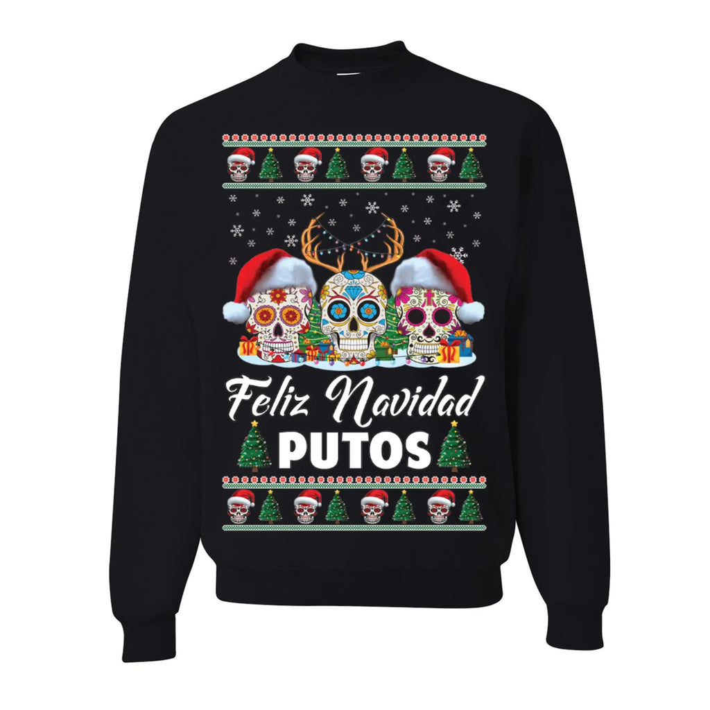 wild custom apparel Feliz Navidad Putos Multicolor Ugly Funny Christmas Sweater Sweatshirt Black Medium