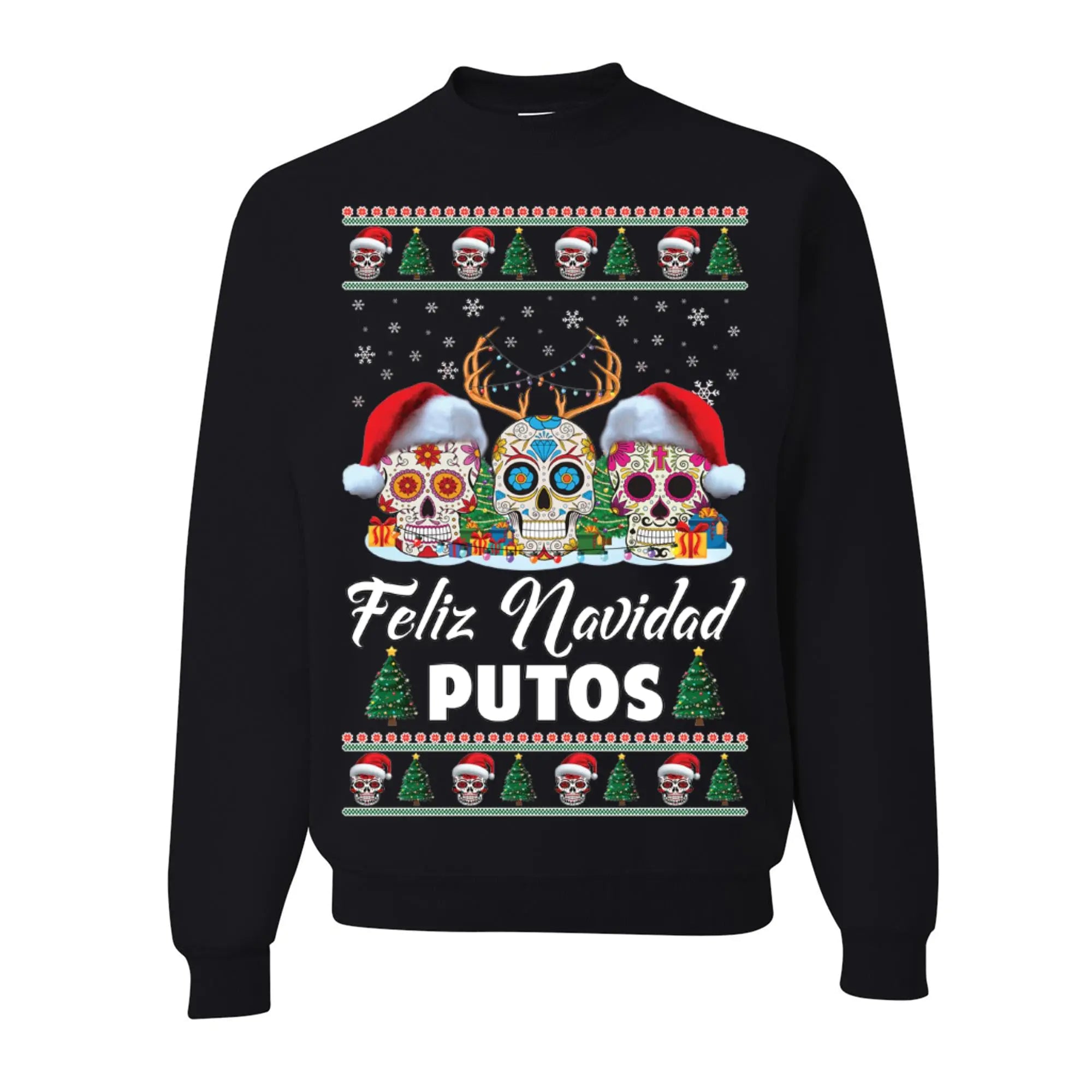 wild custom apparel Feliz Navidad Putos Multicolor Ugly Funny Christmas Sweater Sweatshirt Black Medium