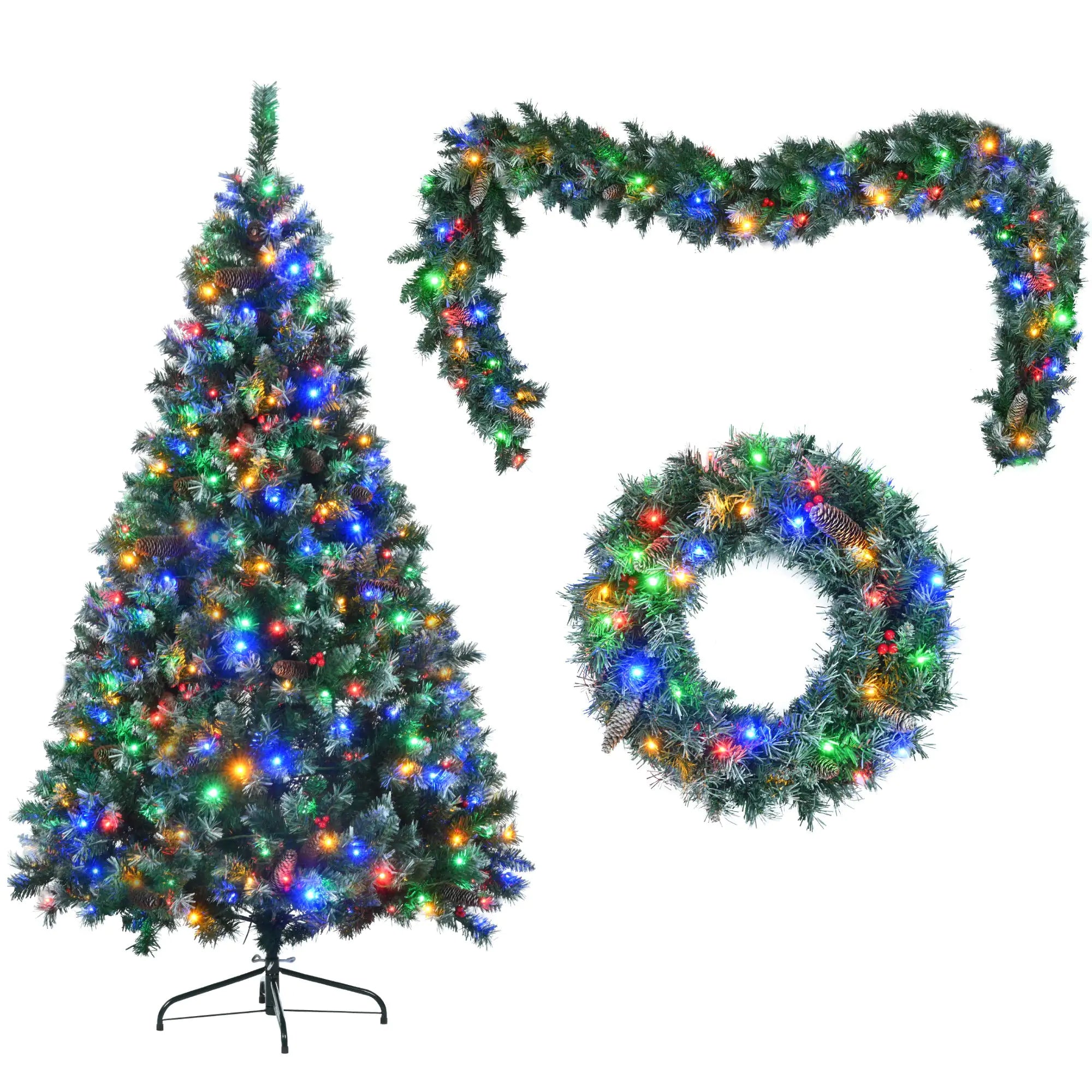 6 Feet Dark Green Pine Christmas Tree, Pre-Installed Lighting Set With Tree, Garland & Garland, Hinged Artificial Christmas Tree,
