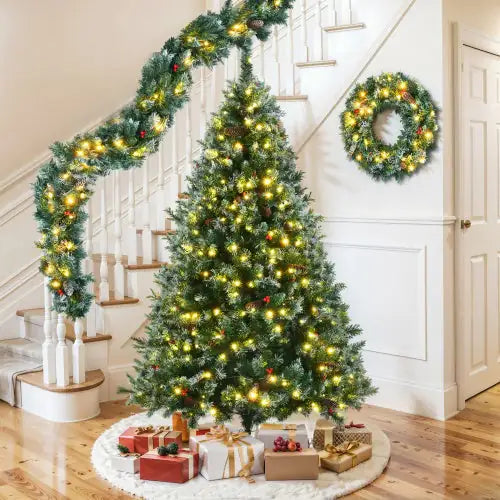 6 Feet Dark Green Pine Christmas Tree, Pre-Installed Lighting Set With Tree, Garland & Garland, Hinged Artificial Christmas Tree,