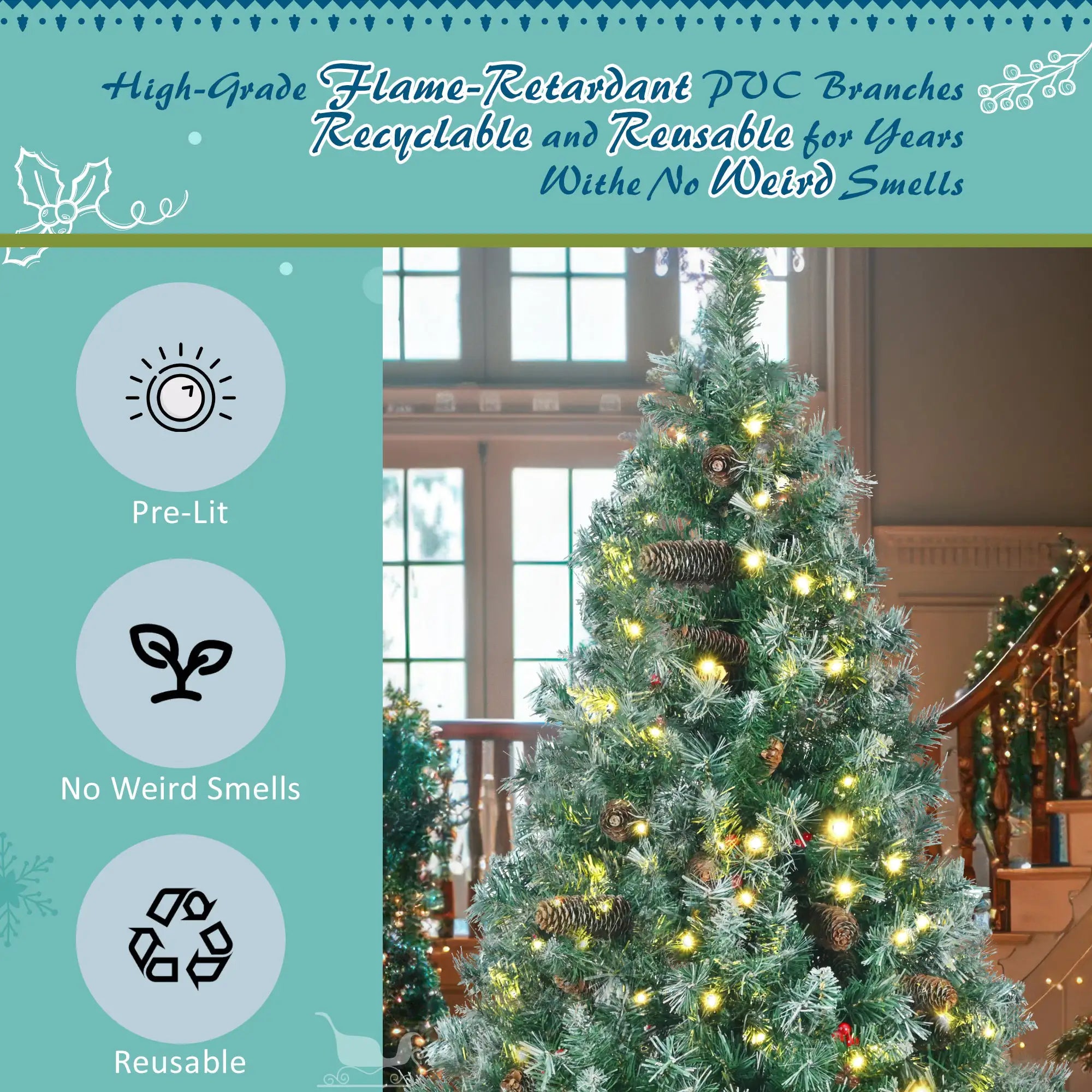 6 Feet Dark Green Pine Christmas Tree, Pre-Installed Lighting Set With Tree, Garland & Garland, Hinged Artificial Christmas Tree,