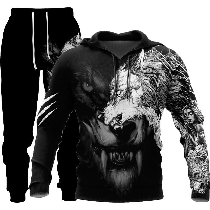 3D Wolf Print Tracksuit Men Sportswear Hooded Sweatsuit Two Piece Outdoors Running Fitness Mens Clothing Jogging Set