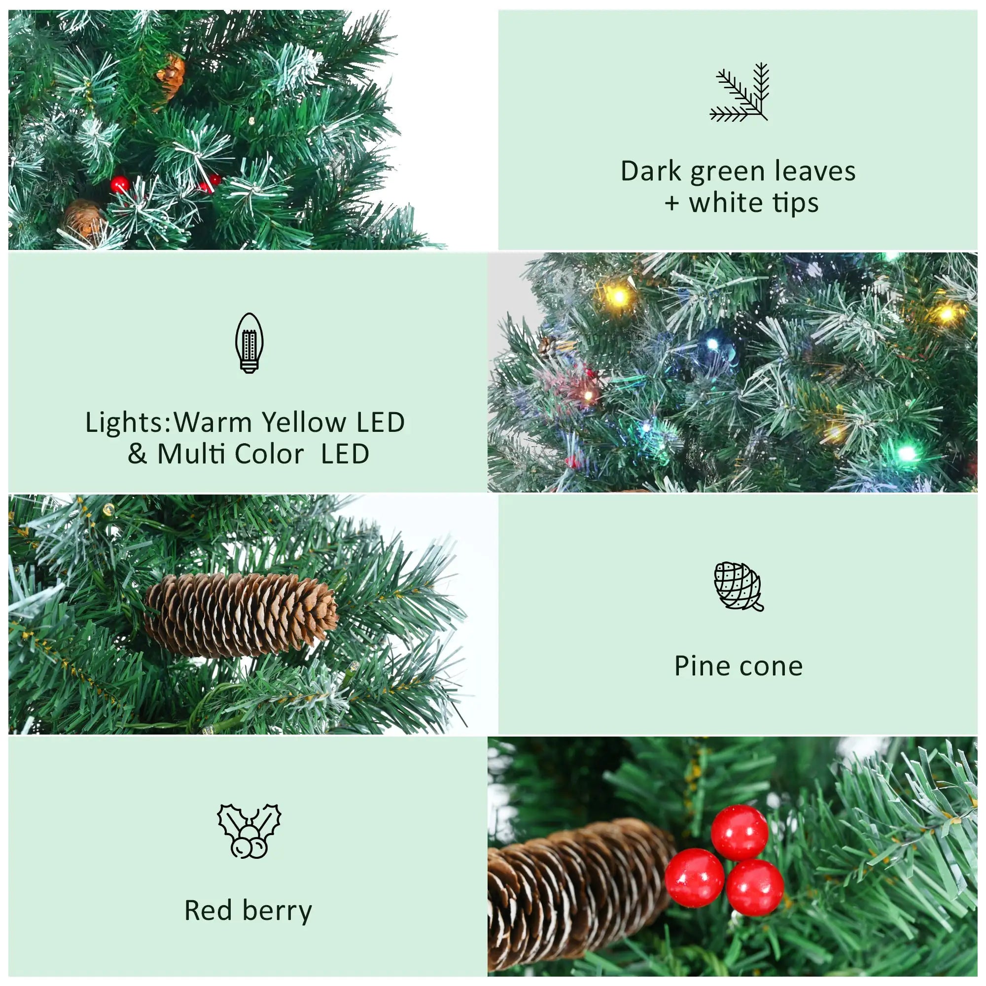 6 Feet Dark Green Pine Christmas Tree, Pre-Installed Lighting Set With Tree, Garland & Garland, Hinged Artificial Christmas Tree,